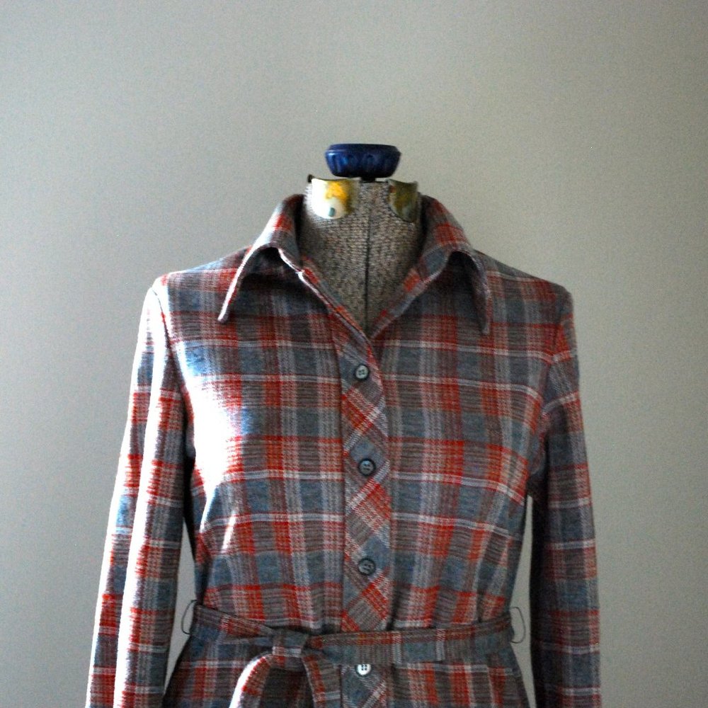 Grey and red belted plaid sweater